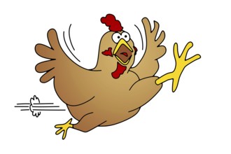 A comic art illustration of a running chicken isolated on white background