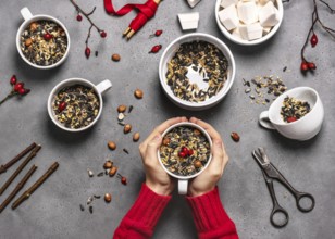 Step 2: All the cups are filled with bird seed and rosehip berries. Making feeding cups.