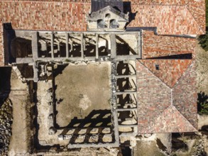 Aerial view of the ruins of an ancient abandoned monastery in Santa Maria de rioseco, Burgos