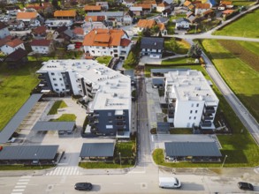Drone view, aerial shoot of new build houses in the suburbs of Slovenia, somewhere in the country