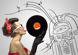 Vintage photo of a retro pinup girl licking retro records with her tongue against the sketchy