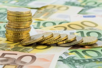 Single stack of coins, lying coins, symbolic photo for capital investment, risk and profit collapse