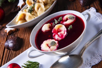 Christmas beetroot soup borscht with small dumplings