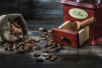 Very close up view on coffe products on vintage wood