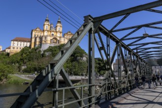 Steel truss lift bridge over the Melk arm of the Danube, behind the collegiate church, Melk,