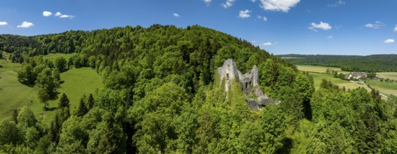 Historic site ruins of the Château de Löwenburg, drone image, Pleigne, Jura, Switzerland, Europe