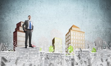 Confident businessman in suit standing on pile of documents among flying letters with drawn