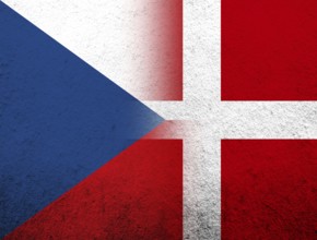 The Kingdom of Denmark National flag with National flag of Czech Republic. Grunge Background
