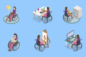 3D Isometric Flat Illustration of Disabled Character and Household Chores, Home Tasks Completion
