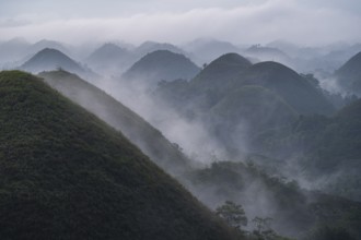 Chocolate hills on the island Bohol in the philippines at sunrise with mist and fog