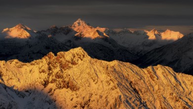 Mountains around Plansee in Reutte Tyrol in winter with snow at sunrise