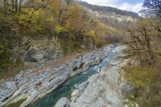 River Belaya flowing in the rocks in Adygea, Russia, Europe
