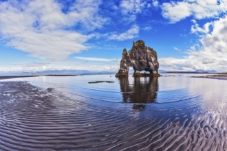 Stone mammoth Iceland. The picturesque cliff in Bay of Hoonah. Hvitserkur rocks during low tide at