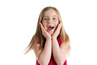 Blond indented kid girl surprised gesture hands in face on white background