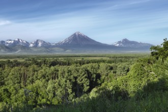 Kamchatka Peninsula summer landscape: beautiful view of Avachinsky-Koryaksky Group of Volcanoes,