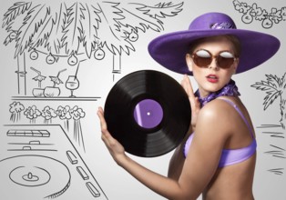 Colourful photo of a beautiful DJane in a bikini holding a retro vinyl record in her hands on a