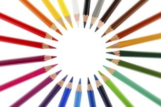 Colored pencils stacked in a circle isolated on white background