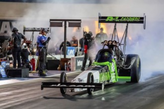 Sep 22, 2023-Concord, NC: NHRA Top Fuel Dragster Series driver, Josh Hart, runs down the lane