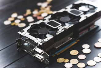 Cryptocurrency mining concept with bitcoins on a computer videocard. free copyspace