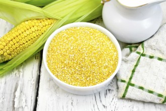 Corn grits in a white bowl, cobs, a jug of milk and a napkin on a wooden boards background