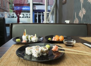 Plate of sushi in restaurant