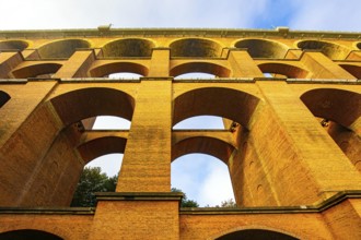 The Goltzsch Viaduct is the largest red brick viaduct in the world. Strong bridge supports. Germany