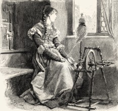 Gretchen alone at her spinning-wheel, first part of the tragic play Faust by Johann Wolfgang von