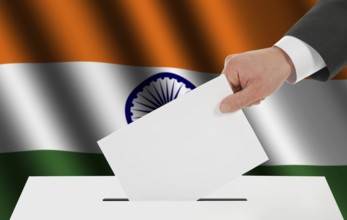 The Indian flag and the hand with the bulletin about the ballot box