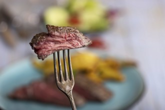 Slice of steak on a fork