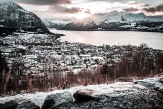 Volda (norway) in winter, aerial View