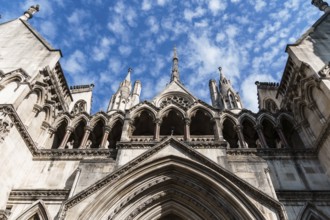 London, UK, August 25, 2023: Low angle view of The Royal Courts of Justice in the Strand