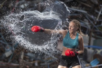 Boxer hits water balloon powerfully, proof of strength and determination, staged photo shoot,