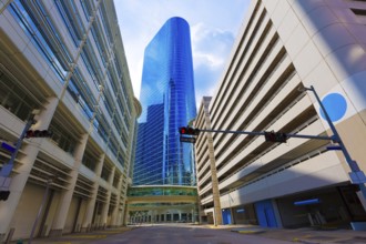 Houston skyline cityscape from Bell St in Texas US USA