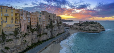 Tropea, Italy, 16 December, 2023: panorama view of Rotonda Beach and the colourful old town of
