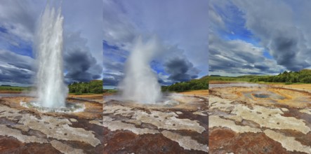 Collage showing different phases of the action of the geyser. Geyser Strokkur in Iceland. Fountain