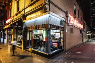 MELBOURNE, AUSTRALIA - OCTOBER 10, 2024: Melbourne's Pellegrini's Espresso Bar at night on October