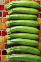 Mini zucchini vegetables in a row on red brown tiles table