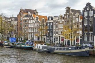 Row of stately buildings along the canal as autumn colours the trees, Amsterdam, Netherlands
