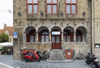 Veurne, West Flanders Region, Belgium, 07 18 2021 Facade of the Chamber of commerce at the old