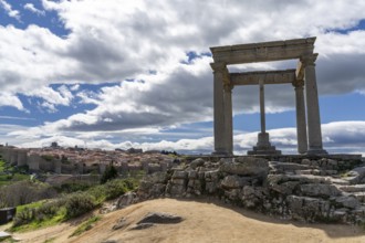 Avila, Spain, 8 April, 2024: view of the medieval walled city of Avila and the Quatro Postes