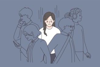 Unhappy young woman in crowd feel lonely abandoned in society. Upset sad girl suffer from