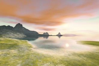 Quiet place with red clouds in the dawn sky 3D illustration
