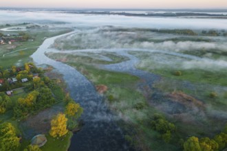 Biebrza National Park, morning mood, fog, shot with drone, wetland, river, Poland, Europe