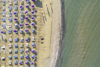 Aerial view of sandy beach with colorful umbrellas, people walking in the bay with transparent blue