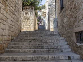 Stone steps, narrow alley in the old town centre, town of Hvar, island of Hvar, Dalmatia, Croatia,