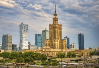 Evening clouds over Palace of Culture and Science and skyscrapers in Warsaw, Poland, Europe