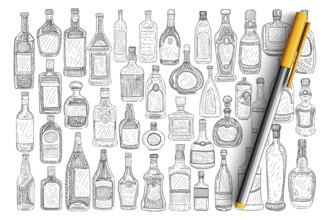 Various glass bottles doodle set. Collection of hand drawn glass bottles with labels for drinks