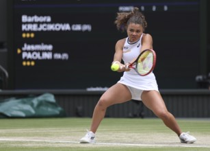 Italian tennis player Jasmine Paolini in action at the 2024 Wimbledon Championships, London,