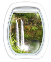 Plane window on ropical Manawaiopuna Falls also called Jurassic Park Falls, Kauai, Hawaii, United
