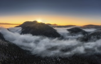 Fog over the Liptov village of Velke Borov before sunrise in Slovakia